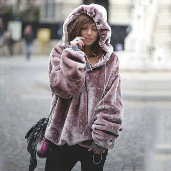 Purple/pinkish Velvet Fur Teddy Bear Hoodie - Picture 4 of 8